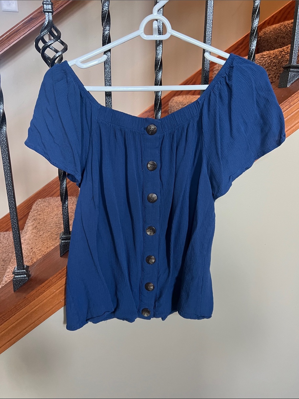 Charming Charlie Navy Blue Off-Shoulder Button-Front Top